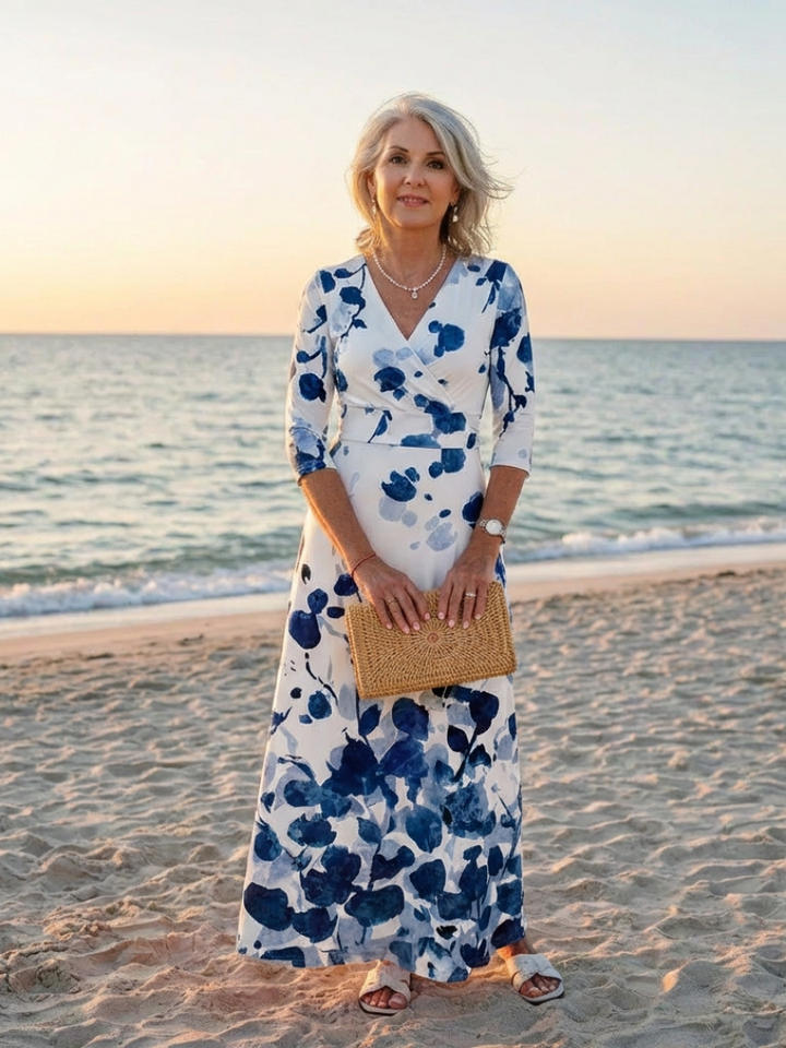 Eleanor | Three Quarter Sleeve V-Neck Floral Maxi Dress