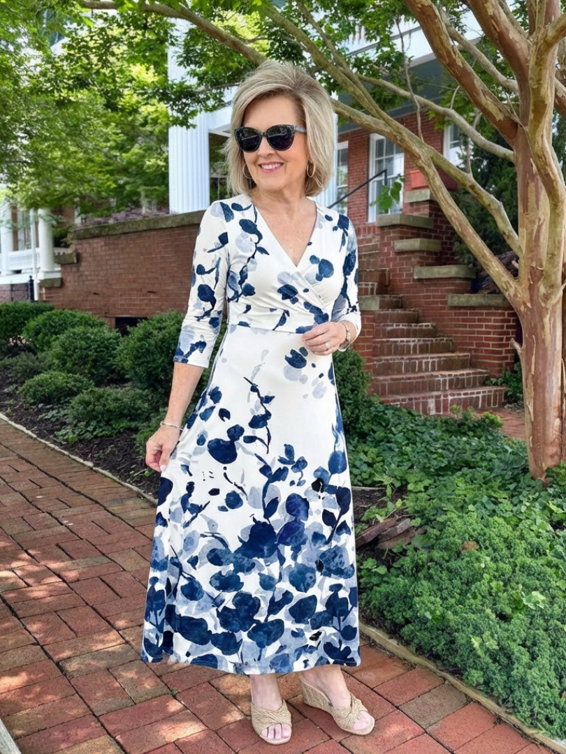 Eleanor | Three Quarter Sleeve V-Neck Floral Maxi Dress