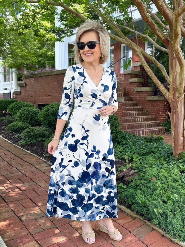Eleanor | Three Quarter Sleeve V-Neck Floral Maxi Dress