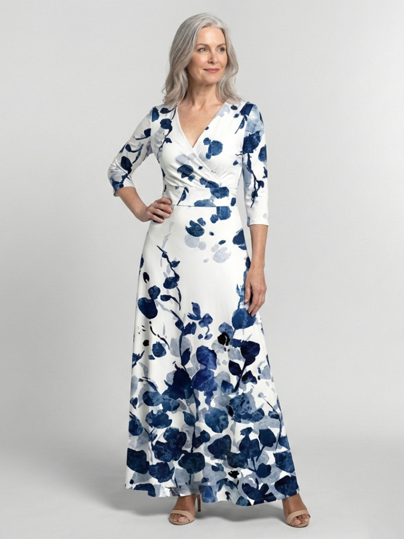 Eleanor | Three Quarter Sleeve V-Neck Floral Maxi Dress