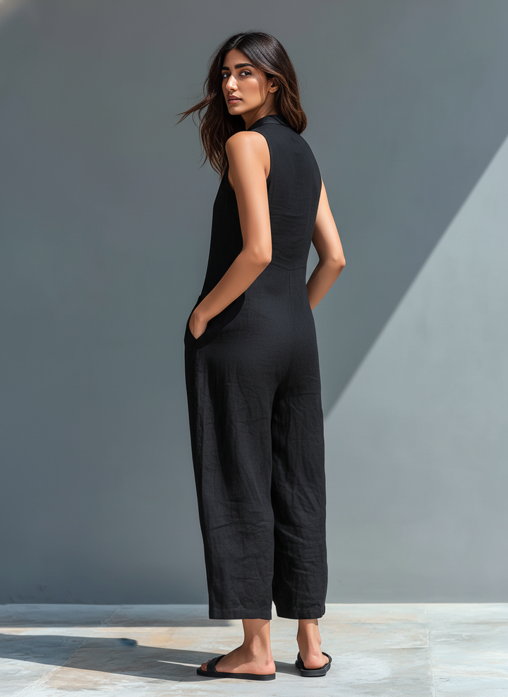 Sleeveless Minimalist Jumpsuit for Women with High Collar and Buttons