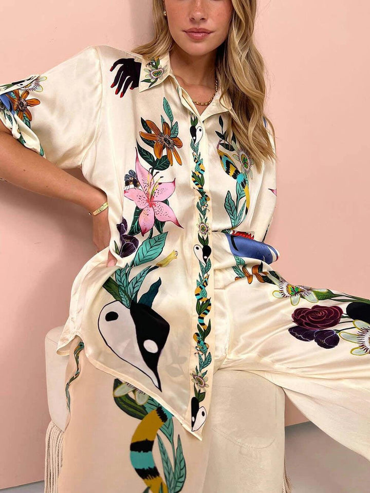 Nika | Resort Vibes Satin unique print shirt &amp; trousers set Fit