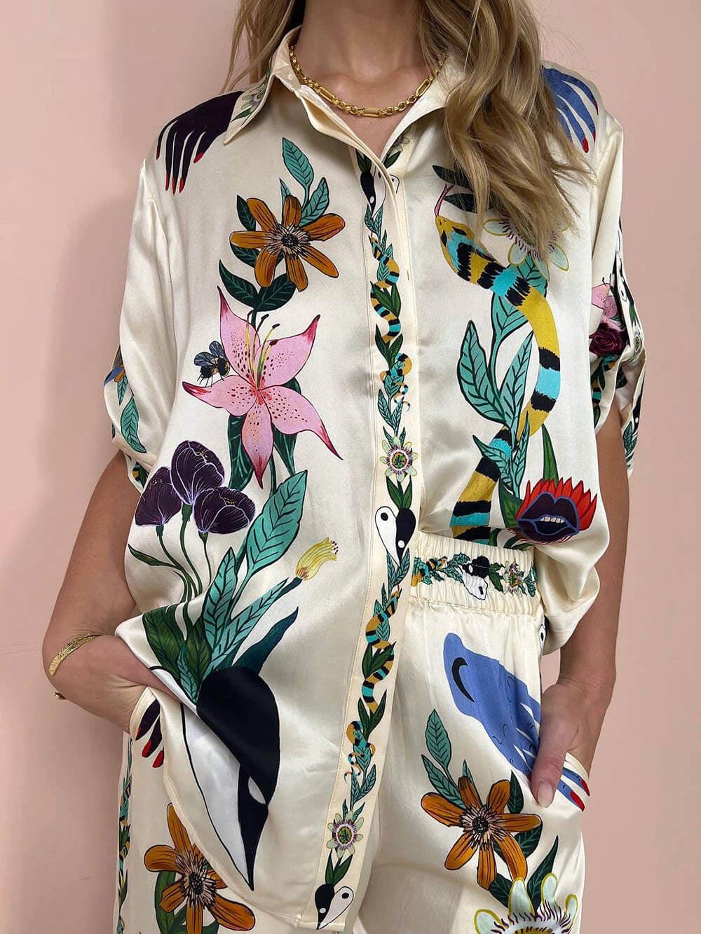 Nika | Resort Vibes Satin unique print shirt &amp; trousers set Fit