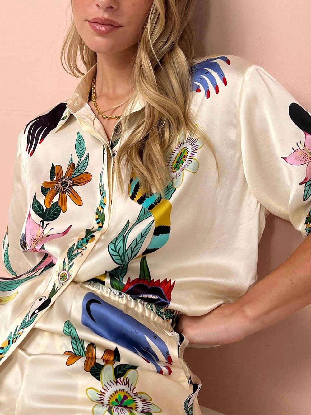 Nika | Resort Vibes Satin unique print shirt &amp; trousers set Fit
