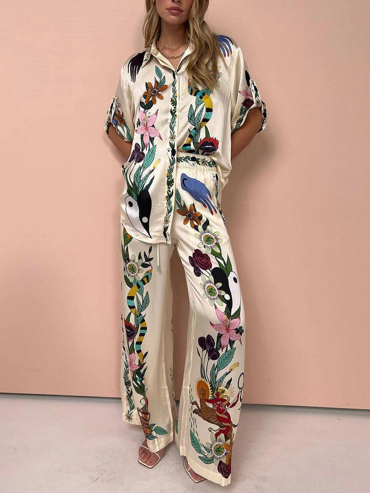 Nika | Resort Vibes Satin unique print shirt &amp; trousers set Fit