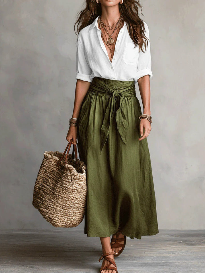 River | Two-Piece Set: Black Top and Olive Green Midi Skirt