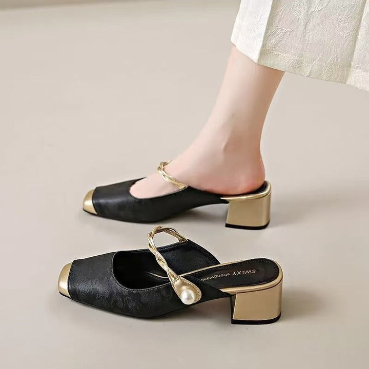 Melina | Square-Toe Pearl Strap Heel Mules