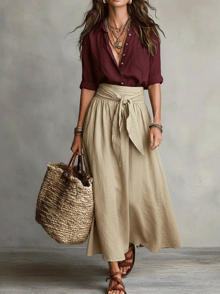 River | Two-Piece Set: Black Top and Olive Green Midi Skirt