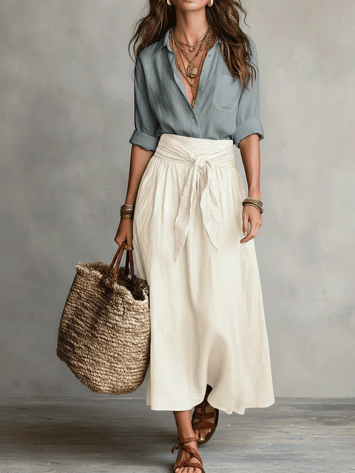 River | Two-Piece Set: Black Top and Olive Green Midi Skirt