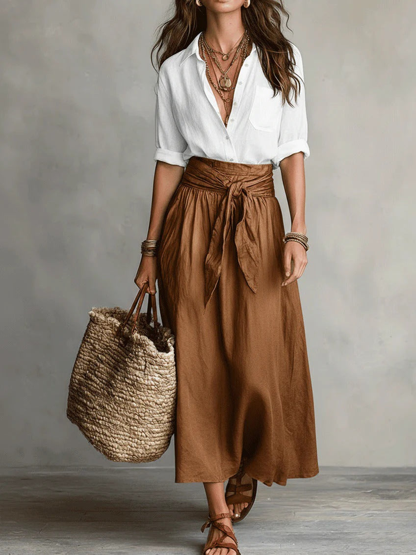 River | Two-Piece Set: Black Top and Olive Green Midi Skirt