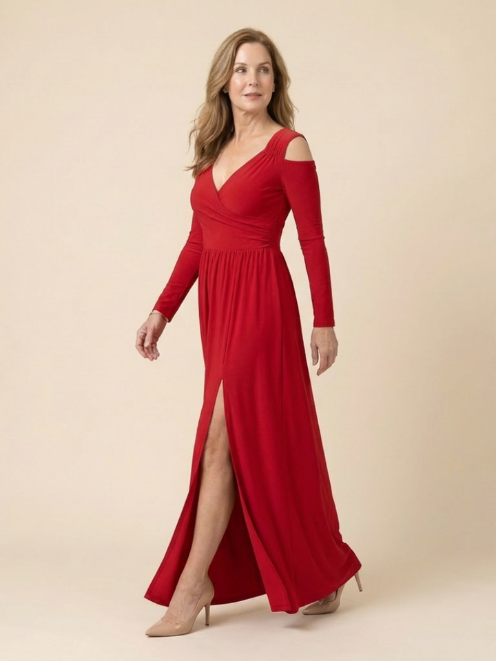Althea | Long Sleeve V-Neck Maxi Dress With Slit