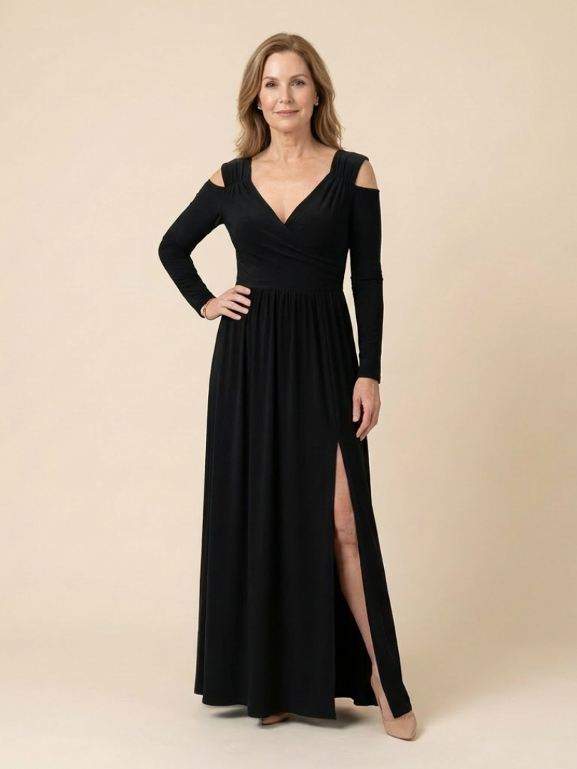 Althea | Long Sleeve V-Neck Maxi Dress With Slit