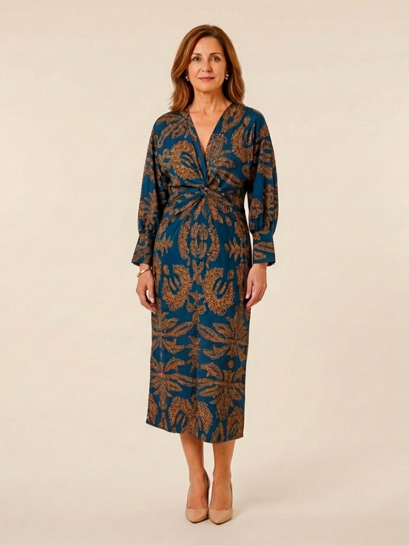 Corinna | Long Sleeve V-Neck Twist Front Midi Dress