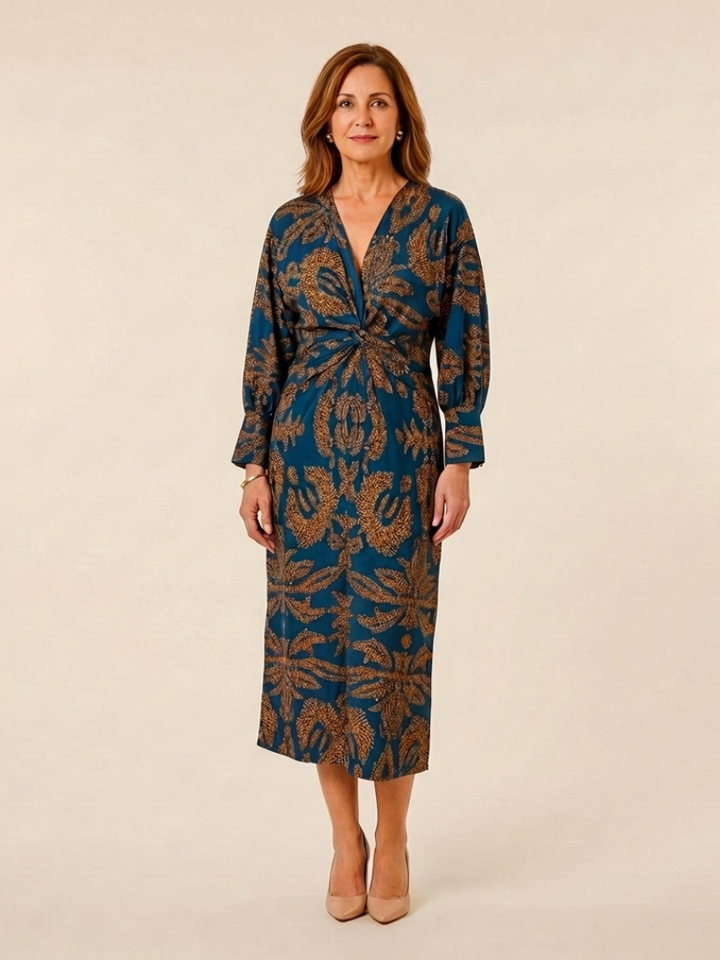 Corinna | Long Sleeve V-Neck Twist Front Midi Dress