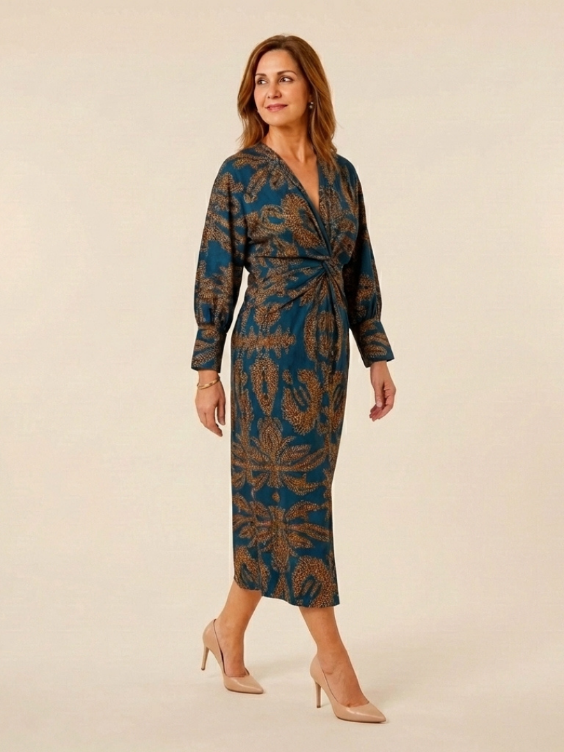 Corinna | Long Sleeve V-Neck Twist Front Midi Dress