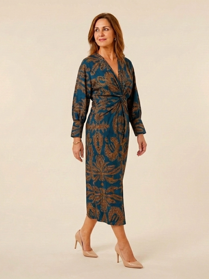 Corinna | Long Sleeve V-Neck Twist Front Midi Dress