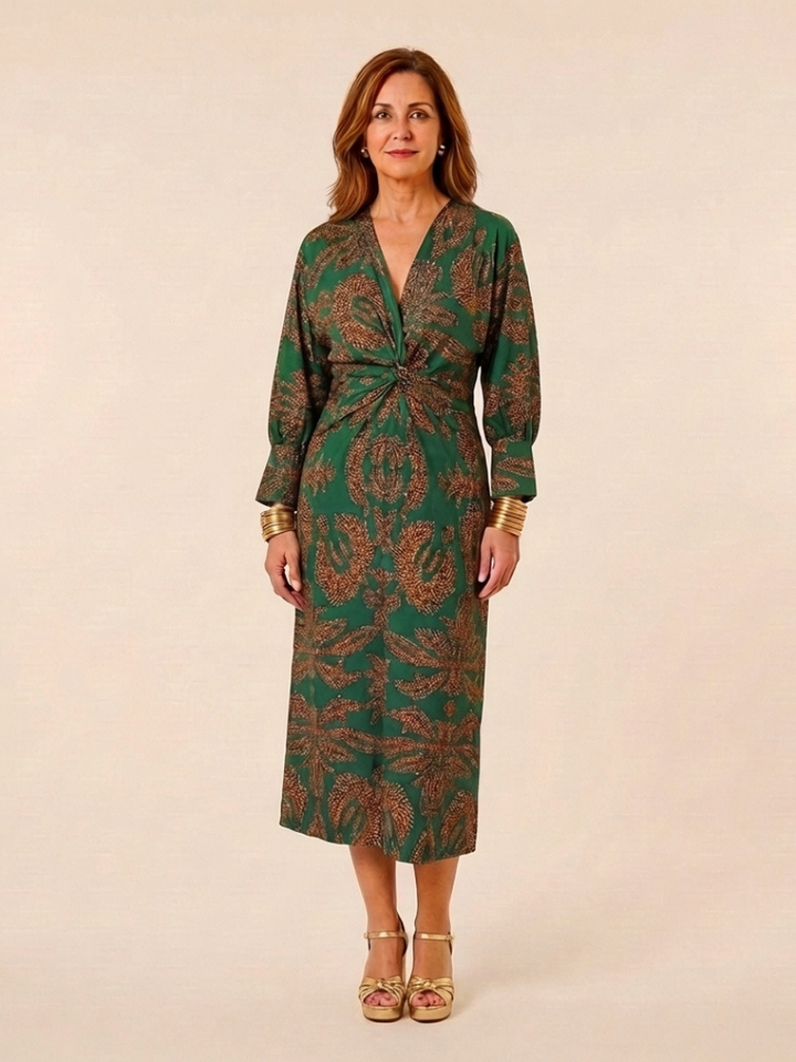 Corinna | Long Sleeve V-Neck Twist Front Midi Dress
