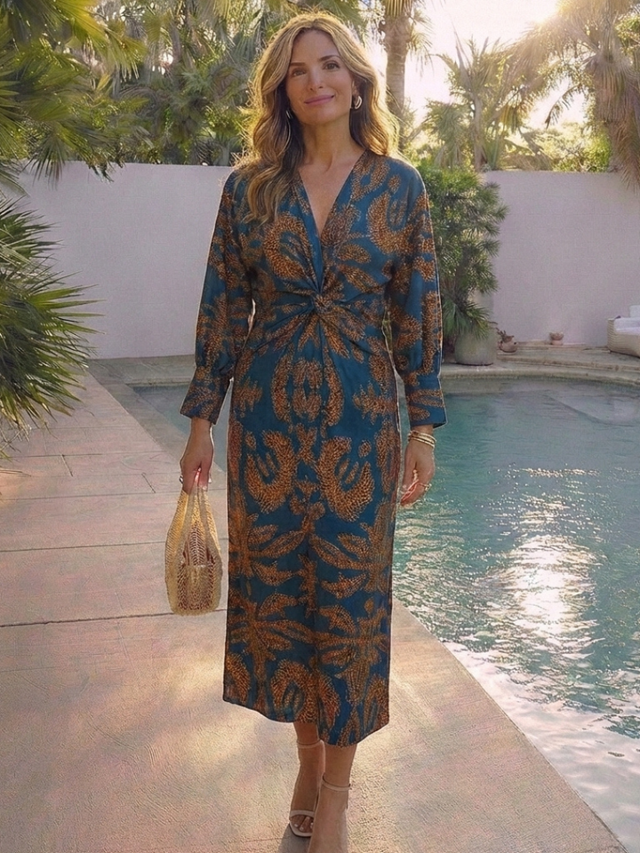Corinna | Long Sleeve V-Neck Twist Front Midi Dress