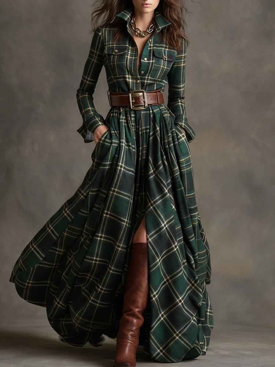 Beatriz | Belted Plaid Maxi Dress