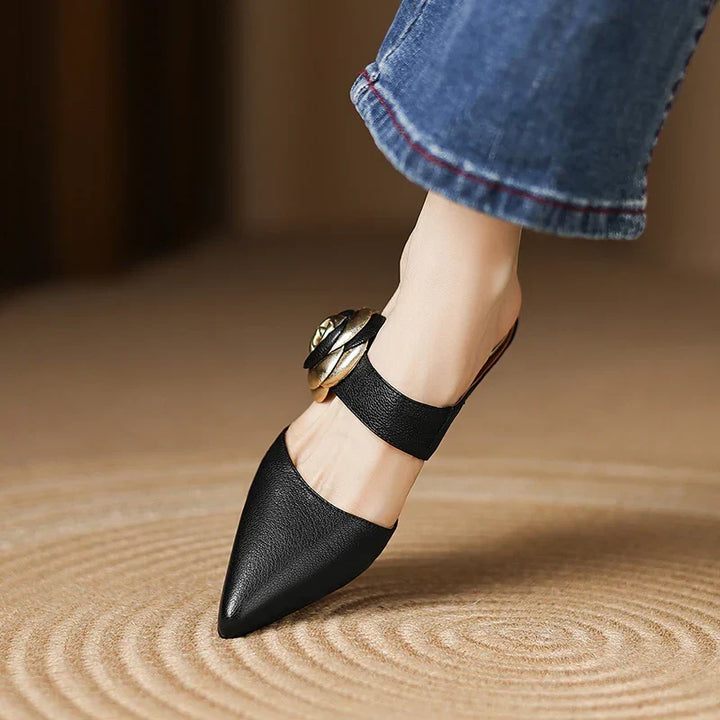 Garnet | Pointed-Toe Floral Accent Heel Mules