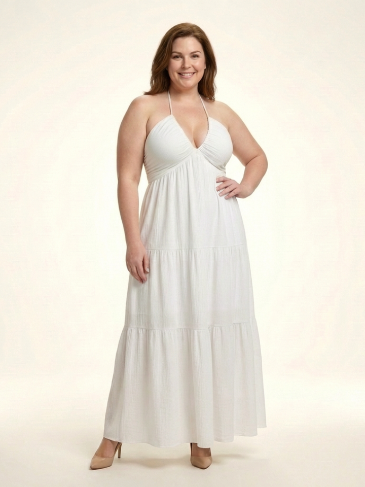 Solenne | Halter Neck Gathered Bodice Tiered Maxi Dress