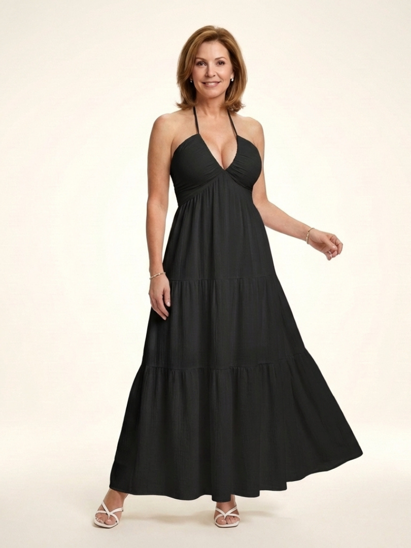 Solenne | Halter Neck Gathered Bodice Tiered Maxi Dress