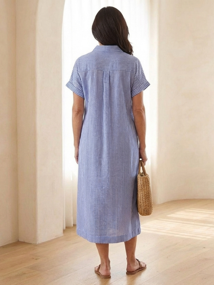 Linnea | Striped Button Front Short Sleeve Midi Dress