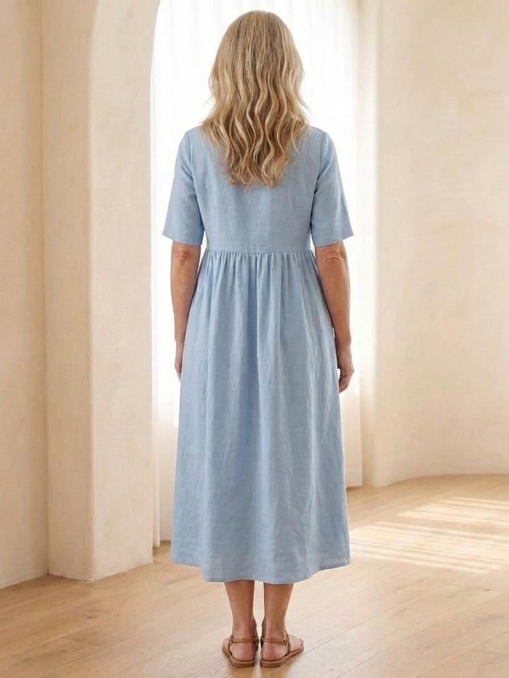 Maribel | Round Neck Short Sleeve Gathered Midi Dress