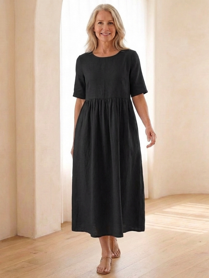 Maribel | Round Neck Short Sleeve Gathered Midi Dress