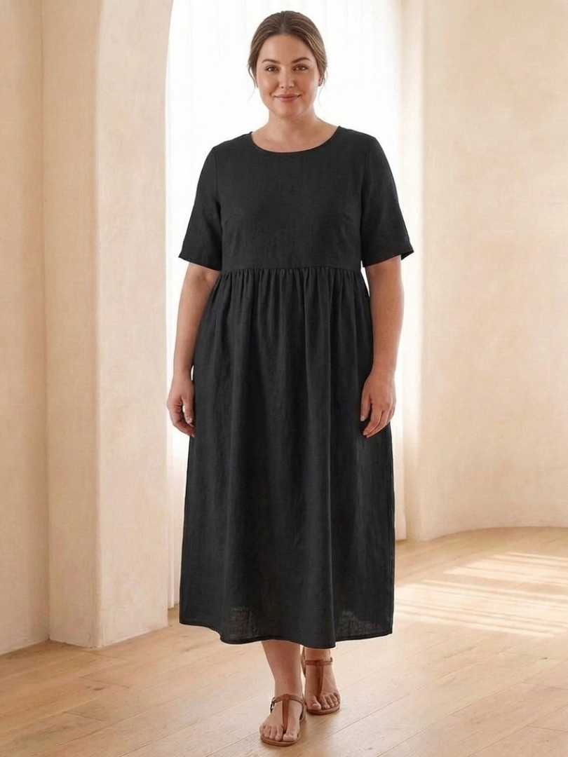 Maribel | Round Neck Short Sleeve Gathered Midi Dress