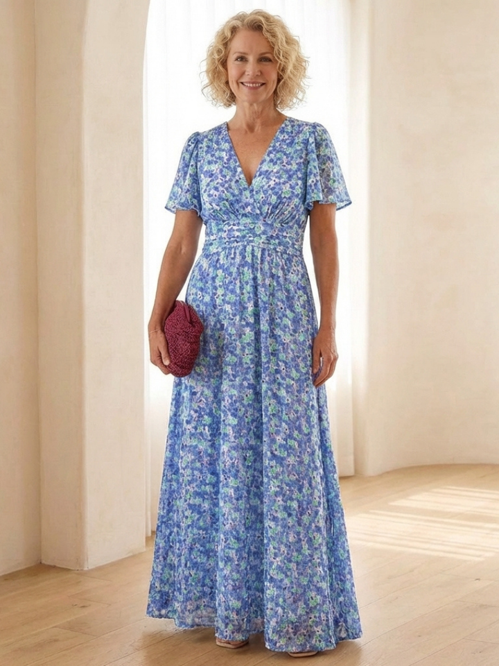 Maris | Floral V-Neck Short Sleeve Maxi Dress