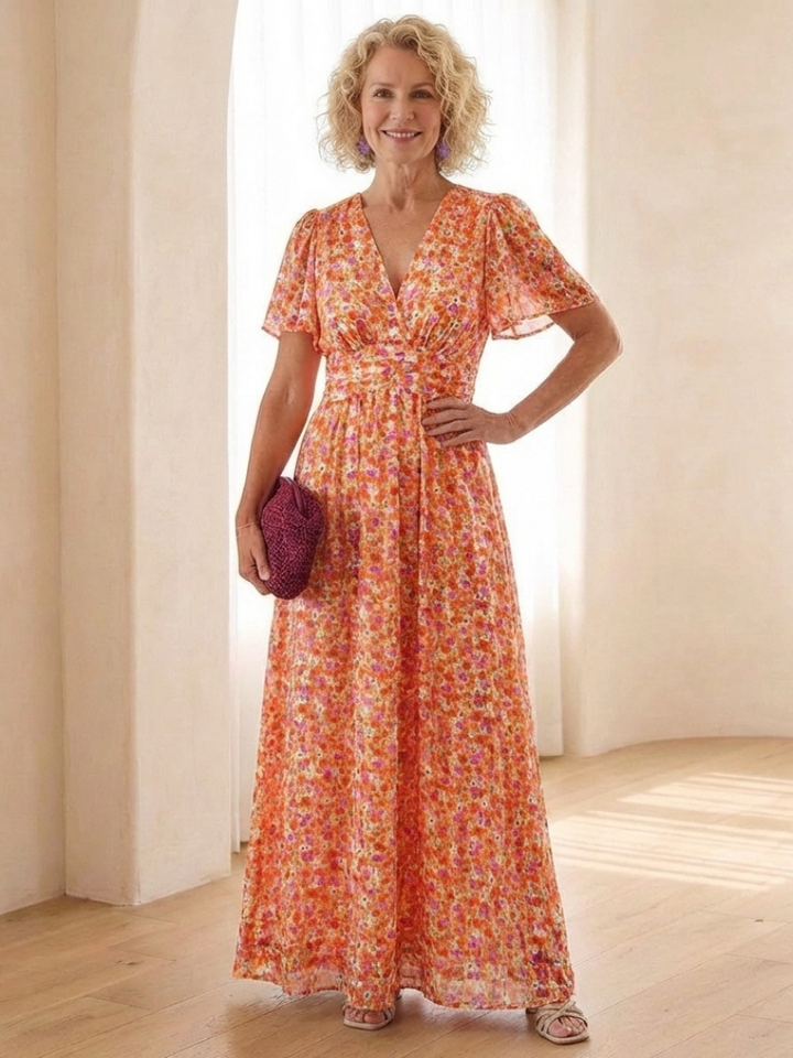 Maris | Floral V-Neck Short Sleeve Maxi Dress