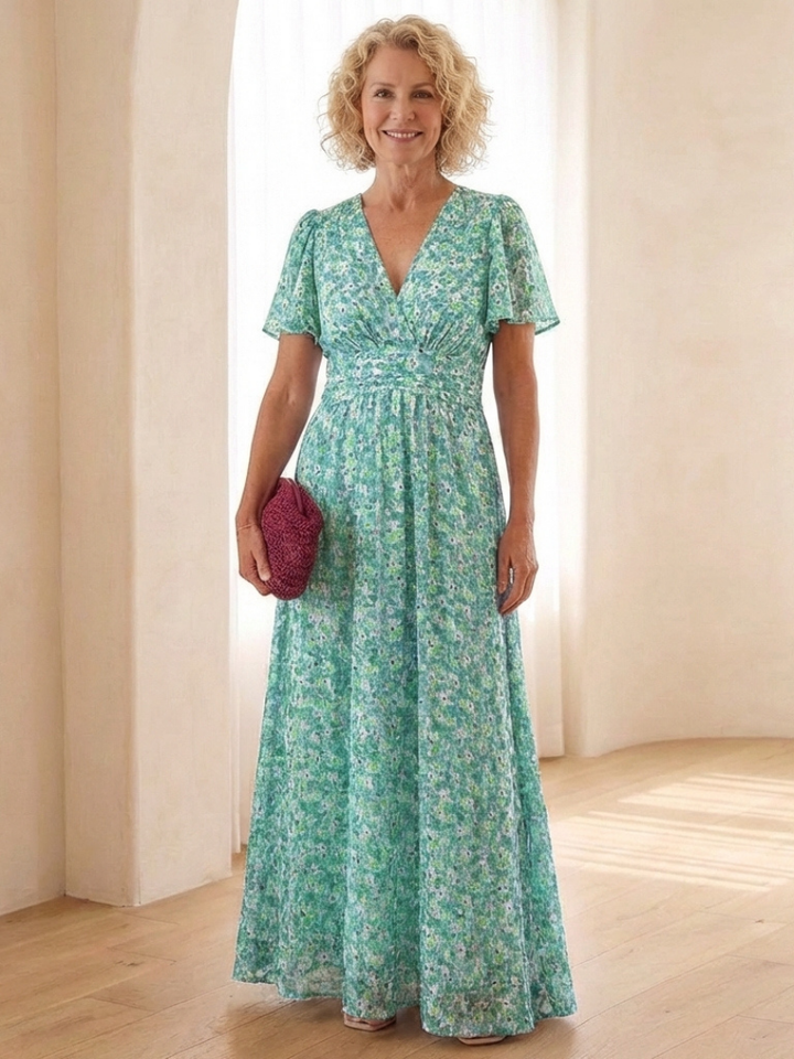 Maris | Floral V-Neck Short Sleeve Maxi Dress