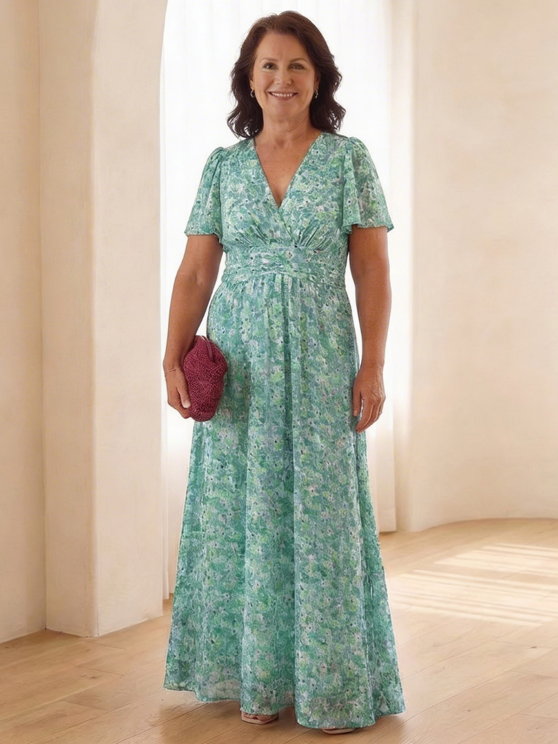Maris | Floral V-Neck Short Sleeve Maxi Dress