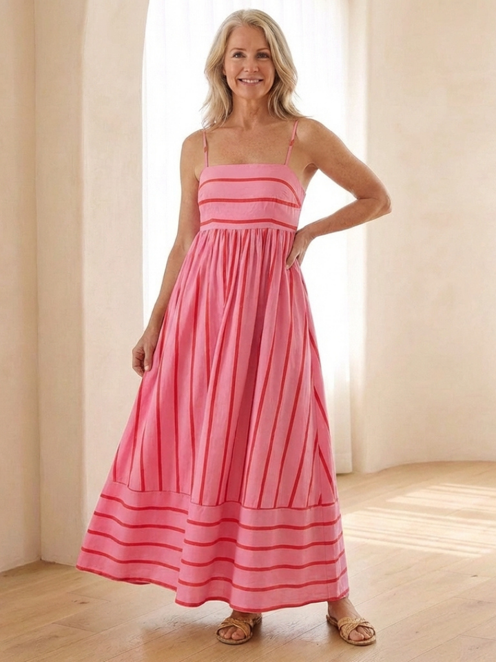 Oceane | Spaghetti Strap Striped Maxi Dress Gathered Waist