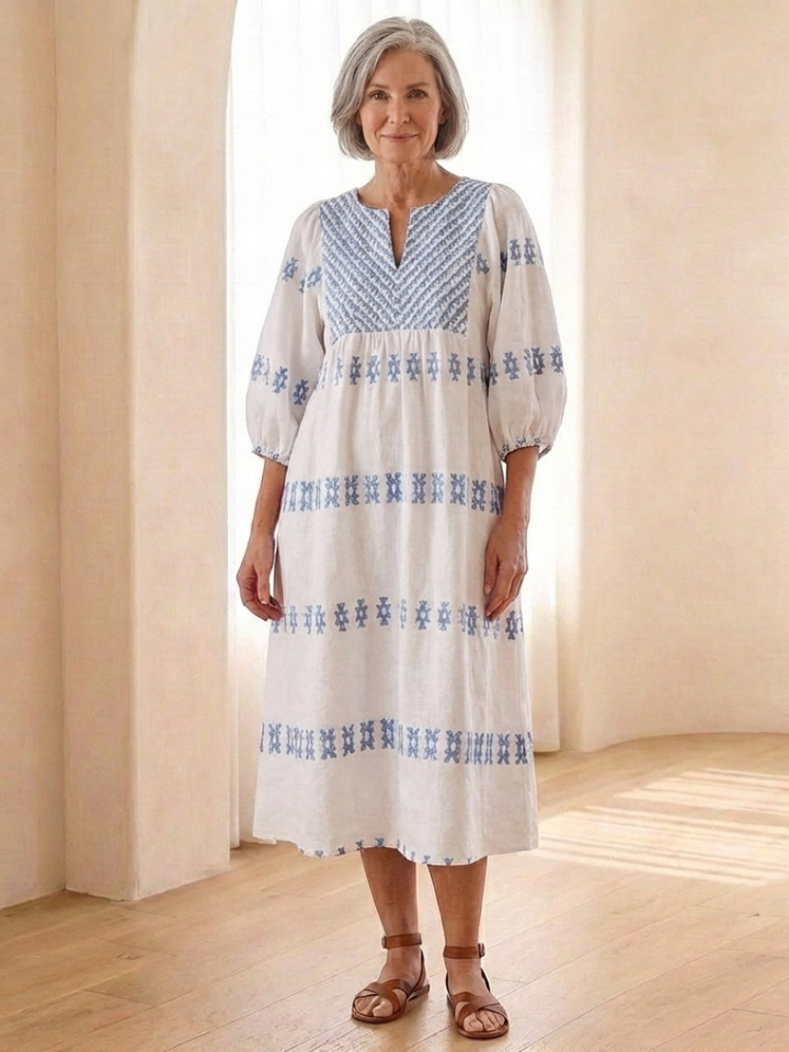 Solene | Embroidered V-Neck Long Sleeve Midi Dress