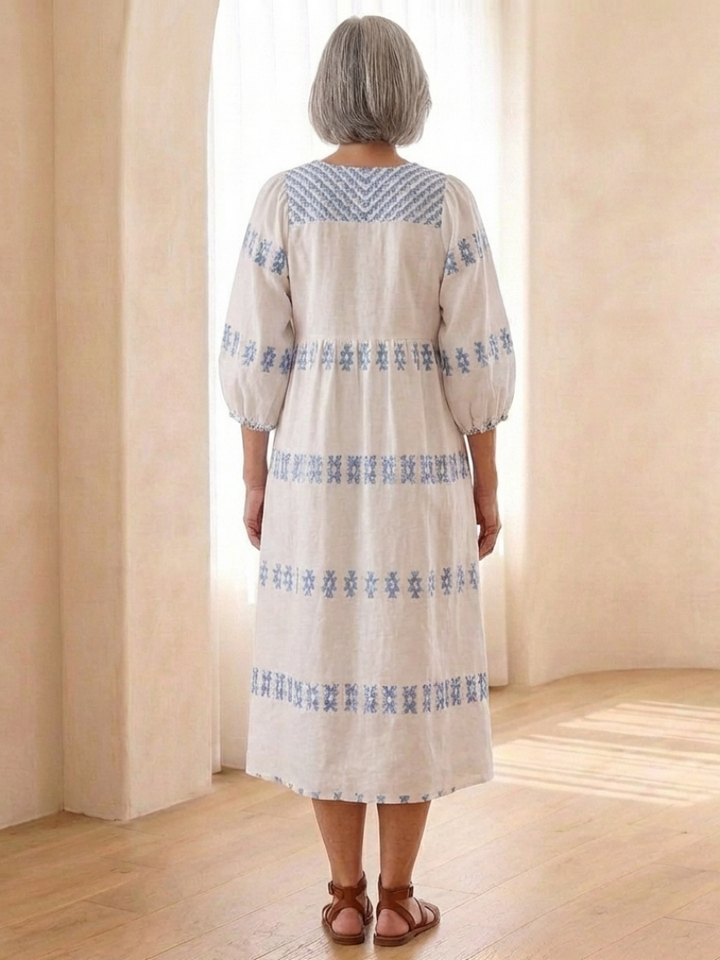 Solene | Embroidered V-Neck Long Sleeve Midi Dress