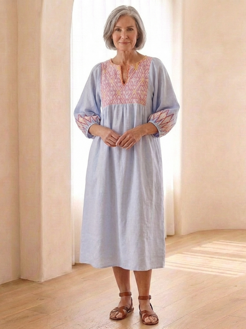 Solene | Embroidered V-Neck Long Sleeve Midi Dress