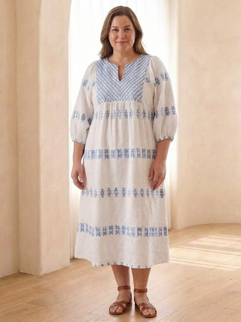 Solene | Embroidered V-Neck Long Sleeve Midi Dress
