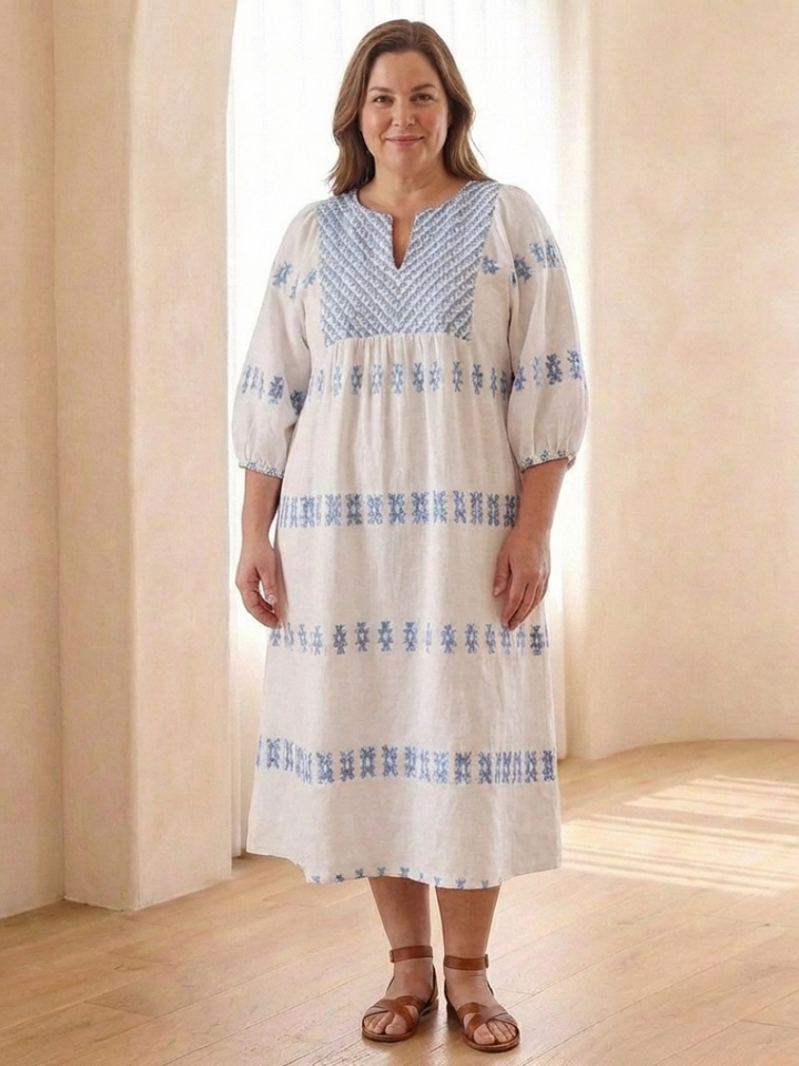 Solene | Embroidered V-Neck Long Sleeve Midi Dress