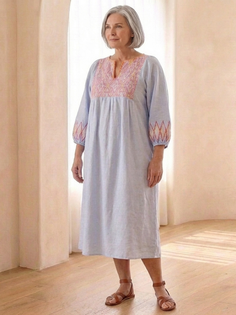 Solene | Embroidered V-Neck Long Sleeve Midi Dress