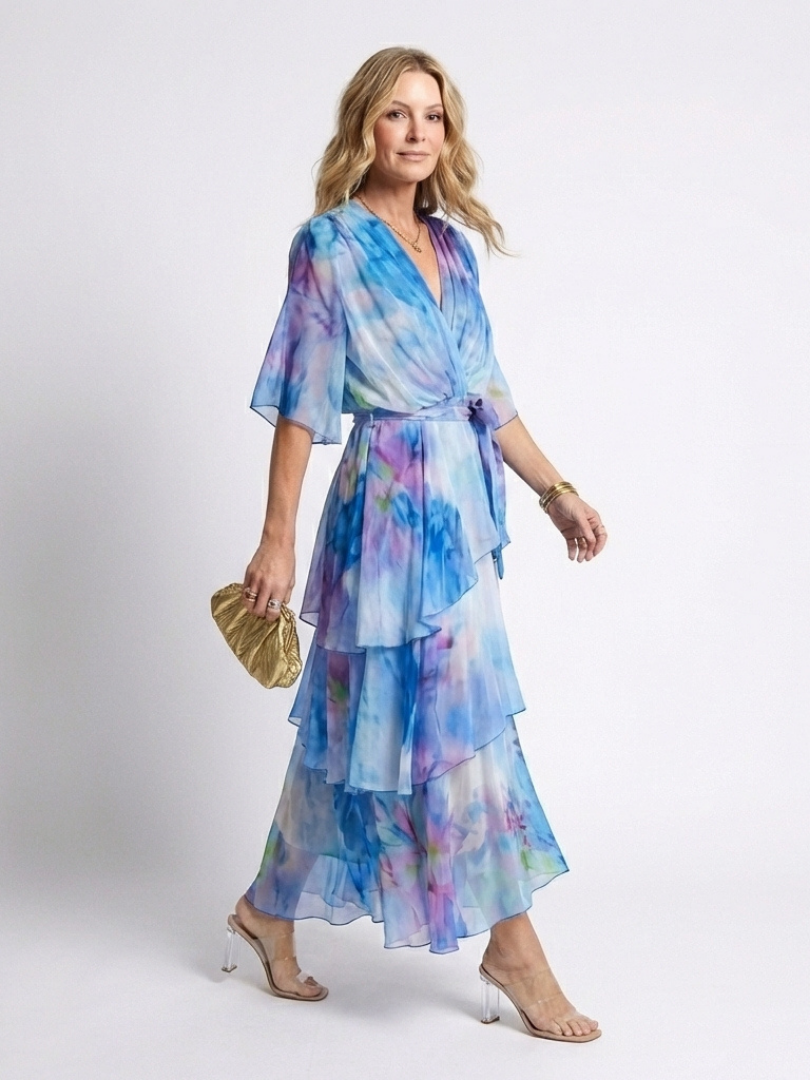Calista | Sheer Layered V-Neck Tie Waist Maxi Dress