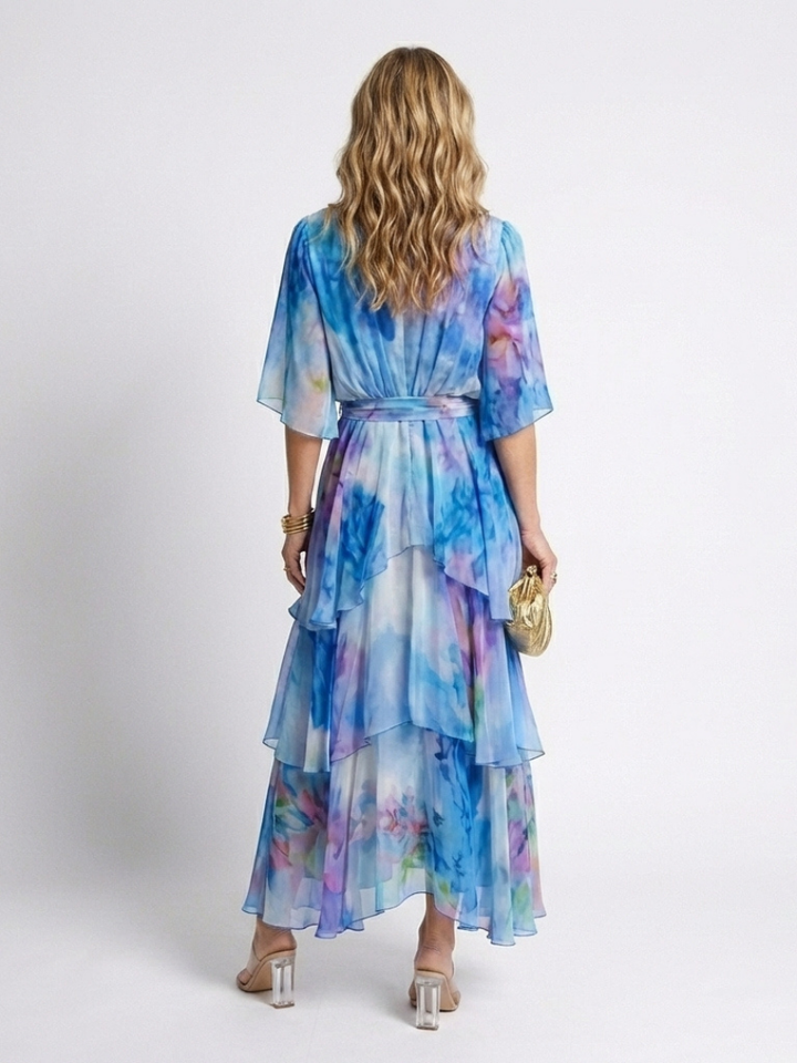 Calista | Sheer Layered V-Neck Tie Waist Maxi Dress