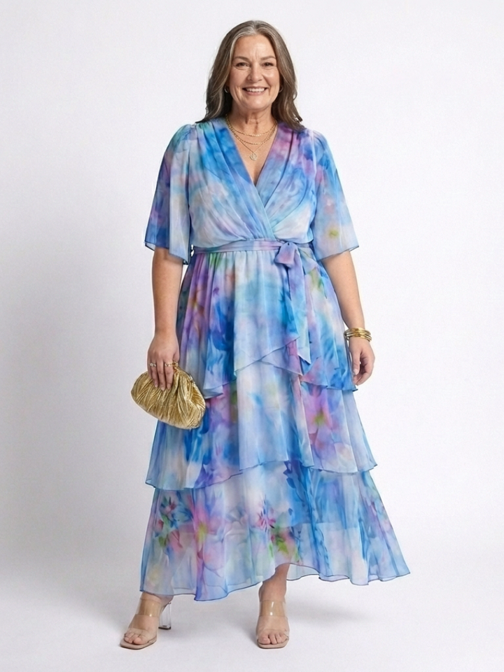 Calista | Sheer Layered V-Neck Tie Waist Maxi Dress