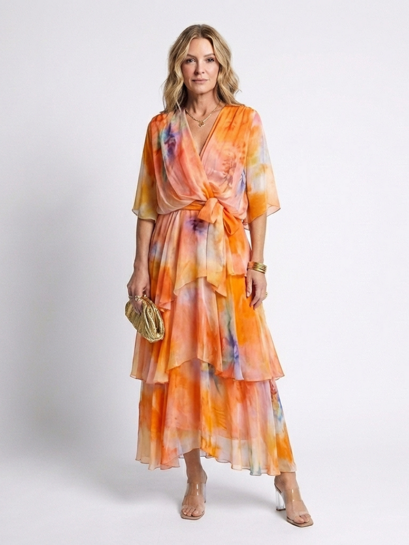 Calista | Sheer Layered V-Neck Tie Waist Maxi Dress