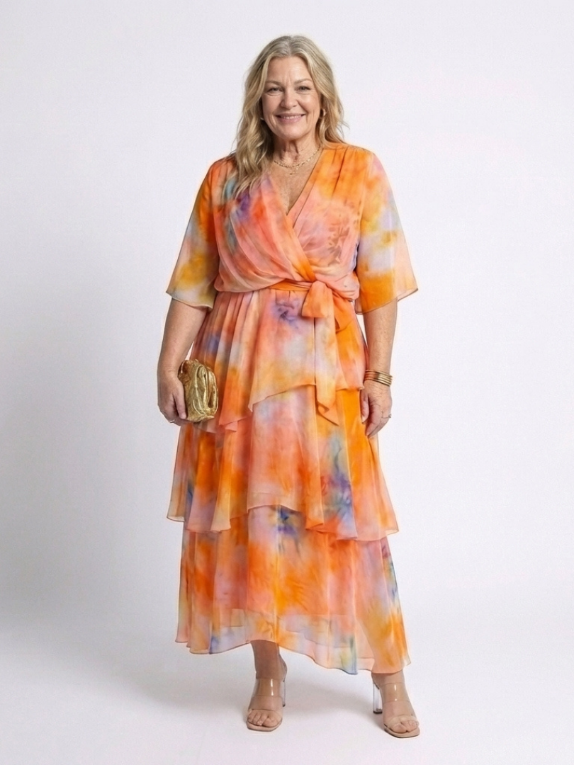 Calista | Sheer Layered V-Neck Tie Waist Maxi Dress