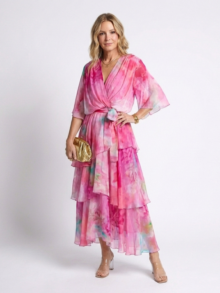 Calista | Sheer Layered V-Neck Tie Waist Maxi Dress