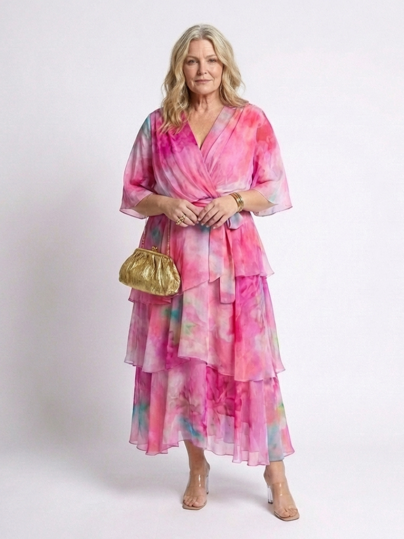 Calista | Sheer Layered V-Neck Tie Waist Maxi Dress