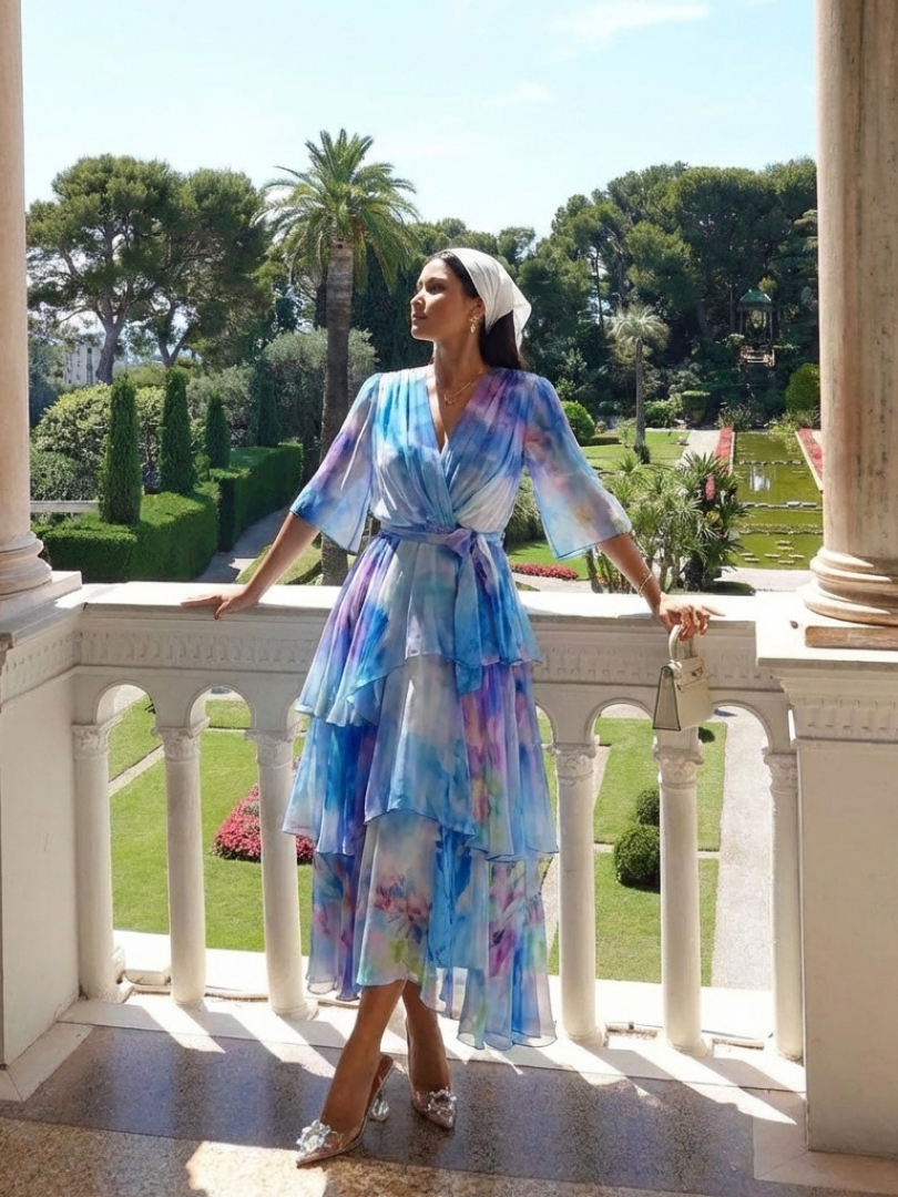 Calista | Sheer Layered V-Neck Tie Waist Maxi Dress