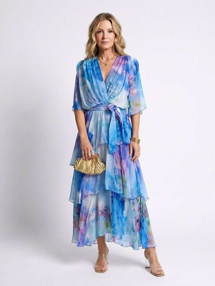 Calista | Sheer Layered V-Neck Tie Waist Maxi Dress